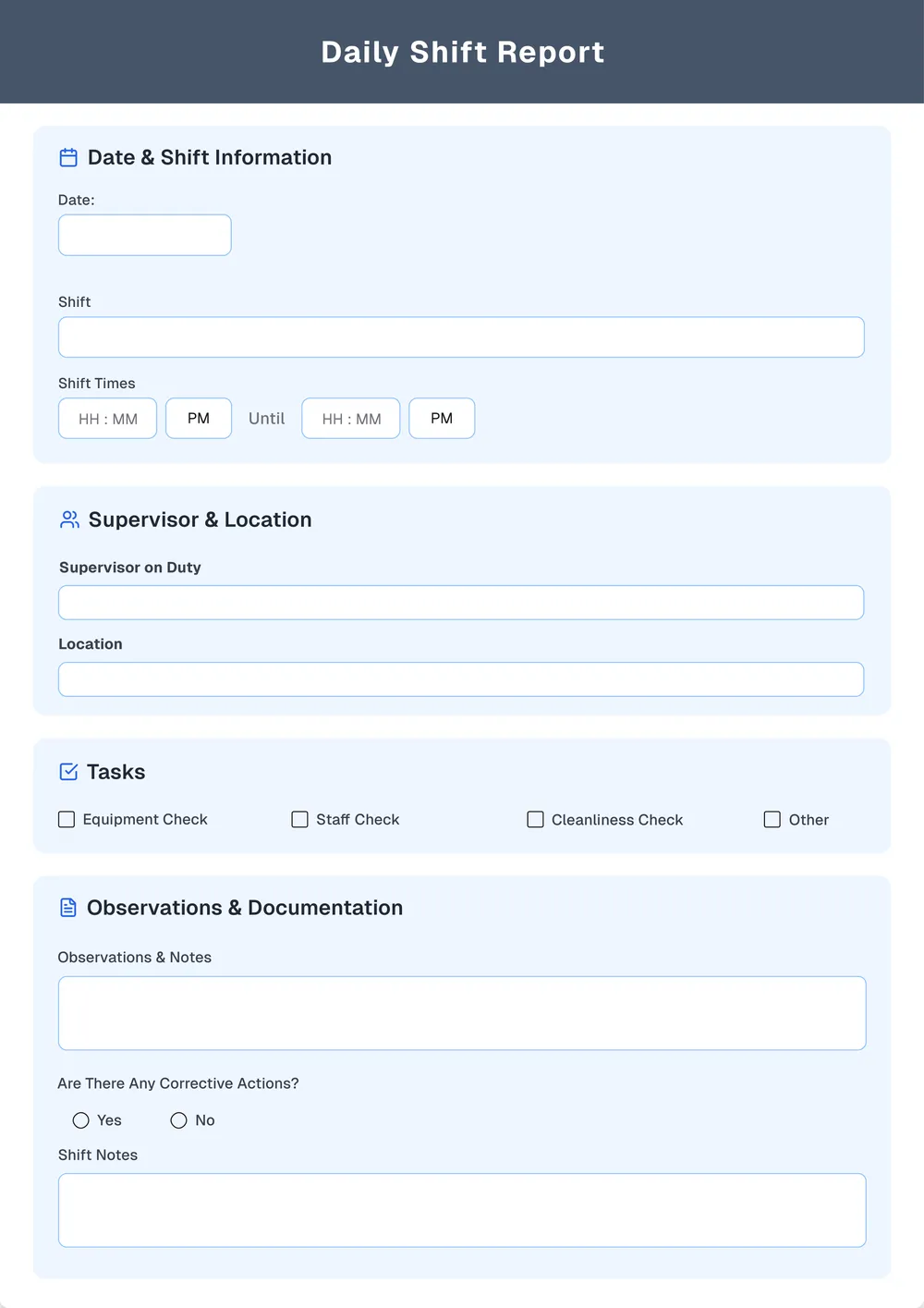 daily shift report form template