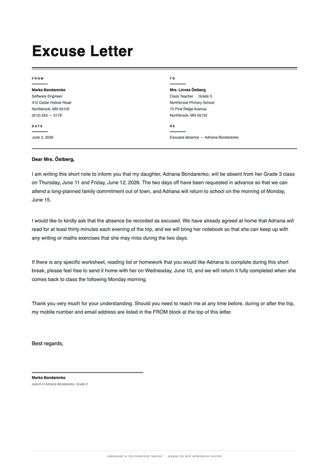 formal school excuse letter template