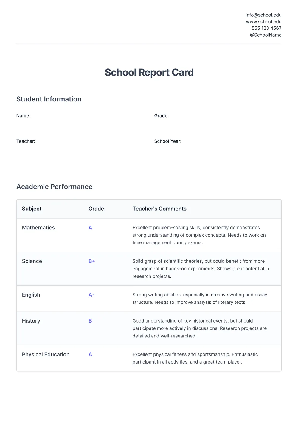 high school report card template