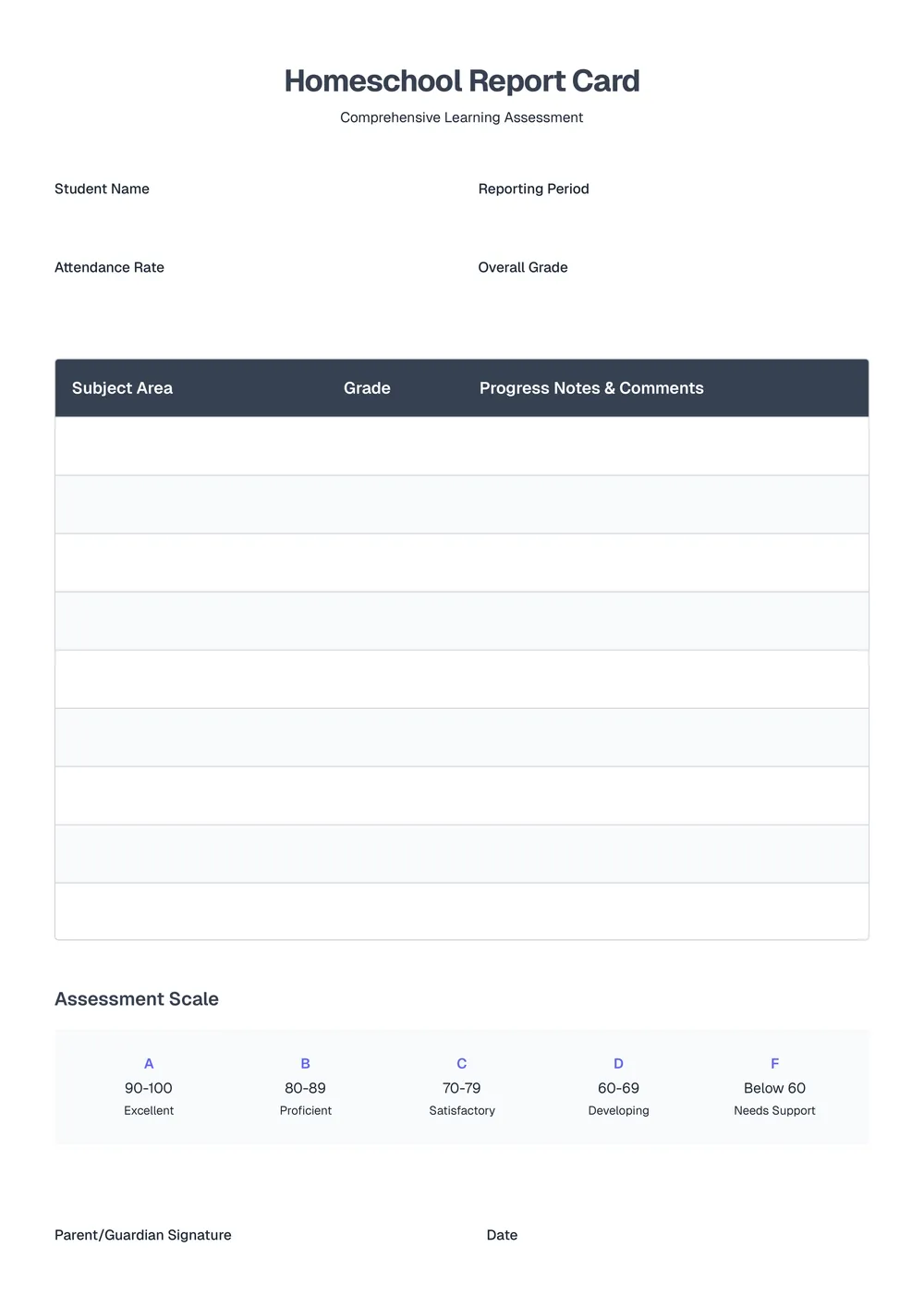 homeschool report card template