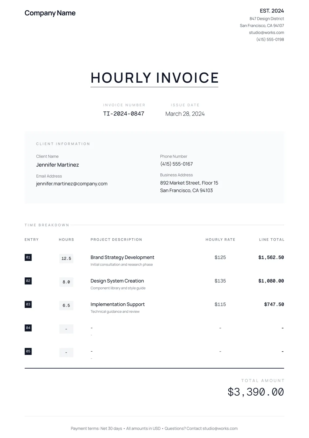 hourly invoice template