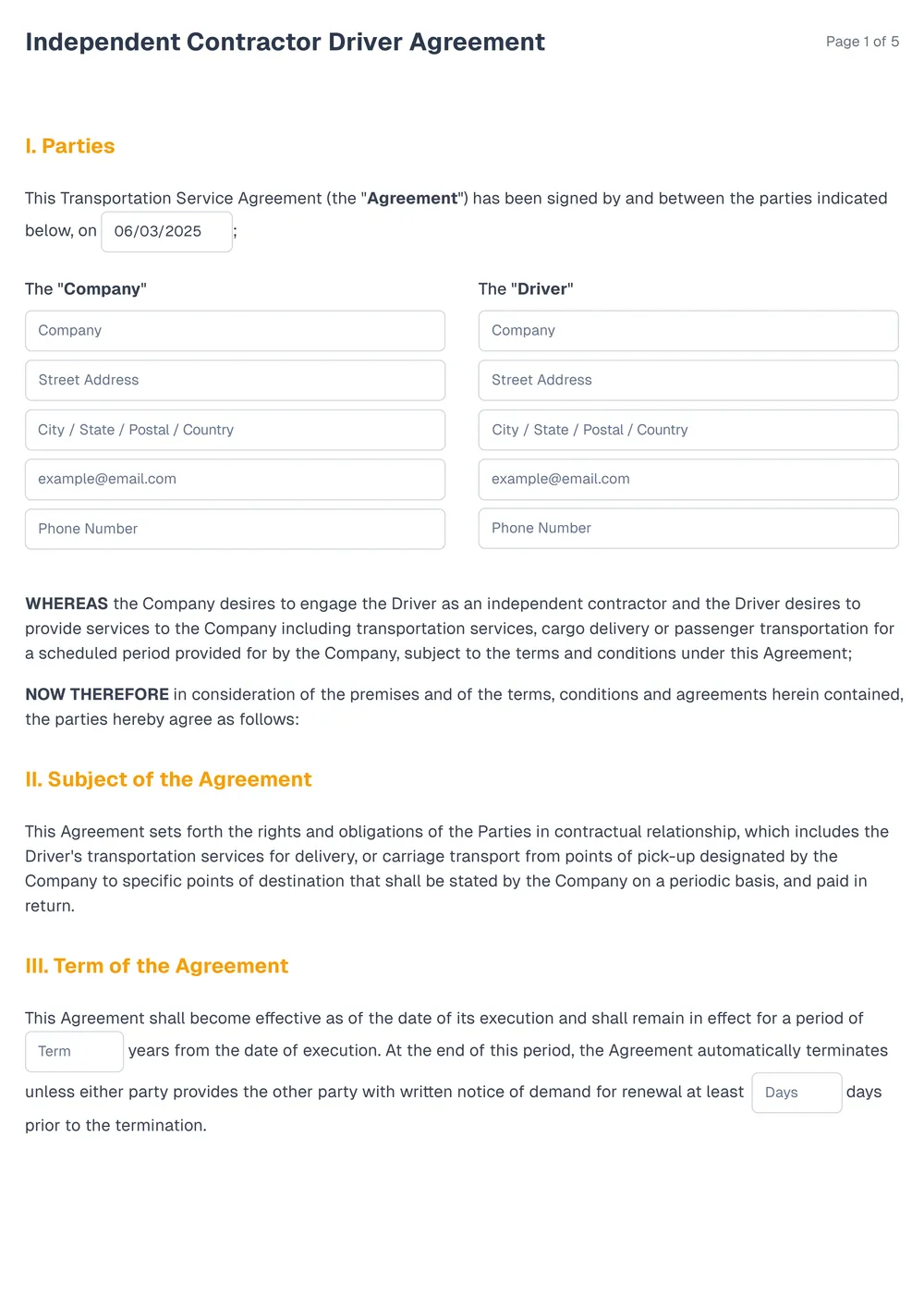 independent contractor driver agreement template