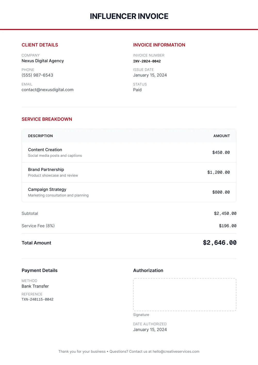 influencer invoice template