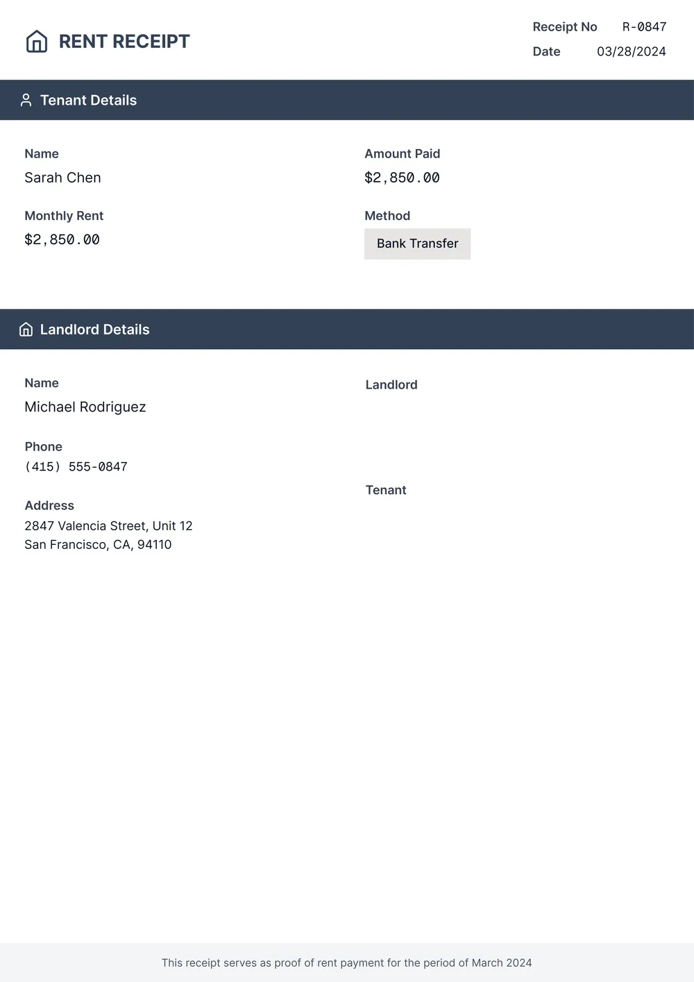 landlord rent receipt template