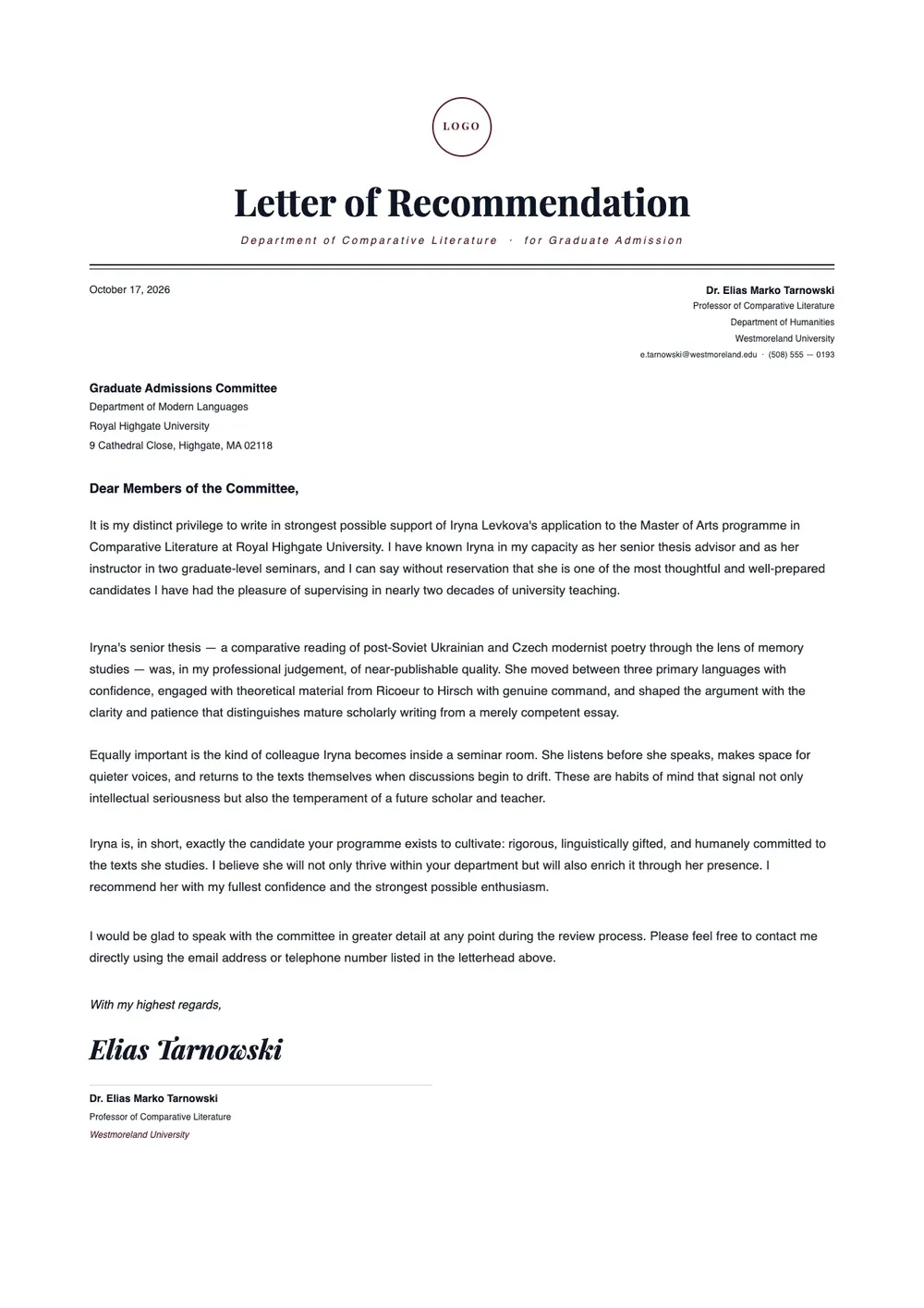 letter of recommendation for graduate school template