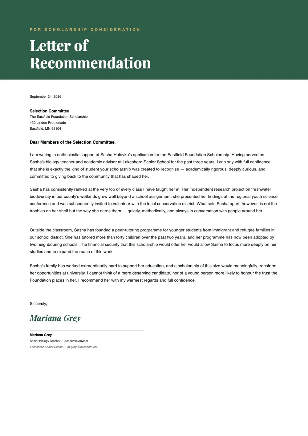 letter of recommendation for scholarship template