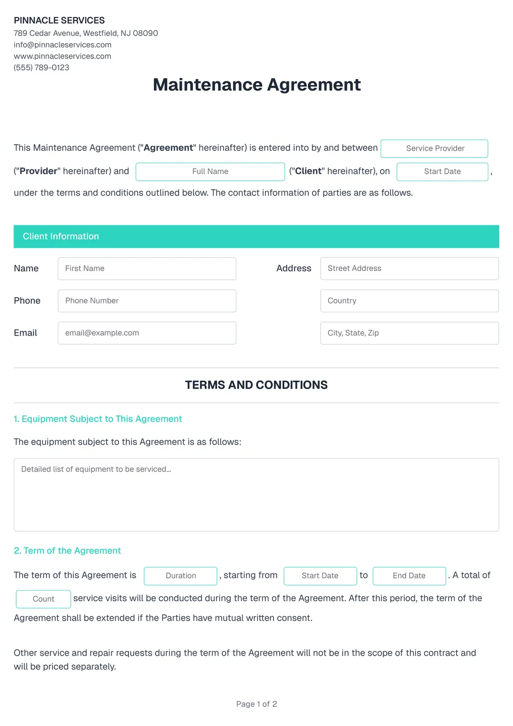 maintenance agreement template