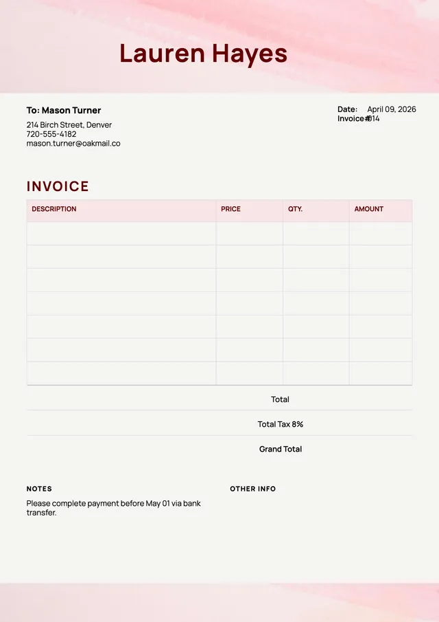 pink watercolor catering invoice template