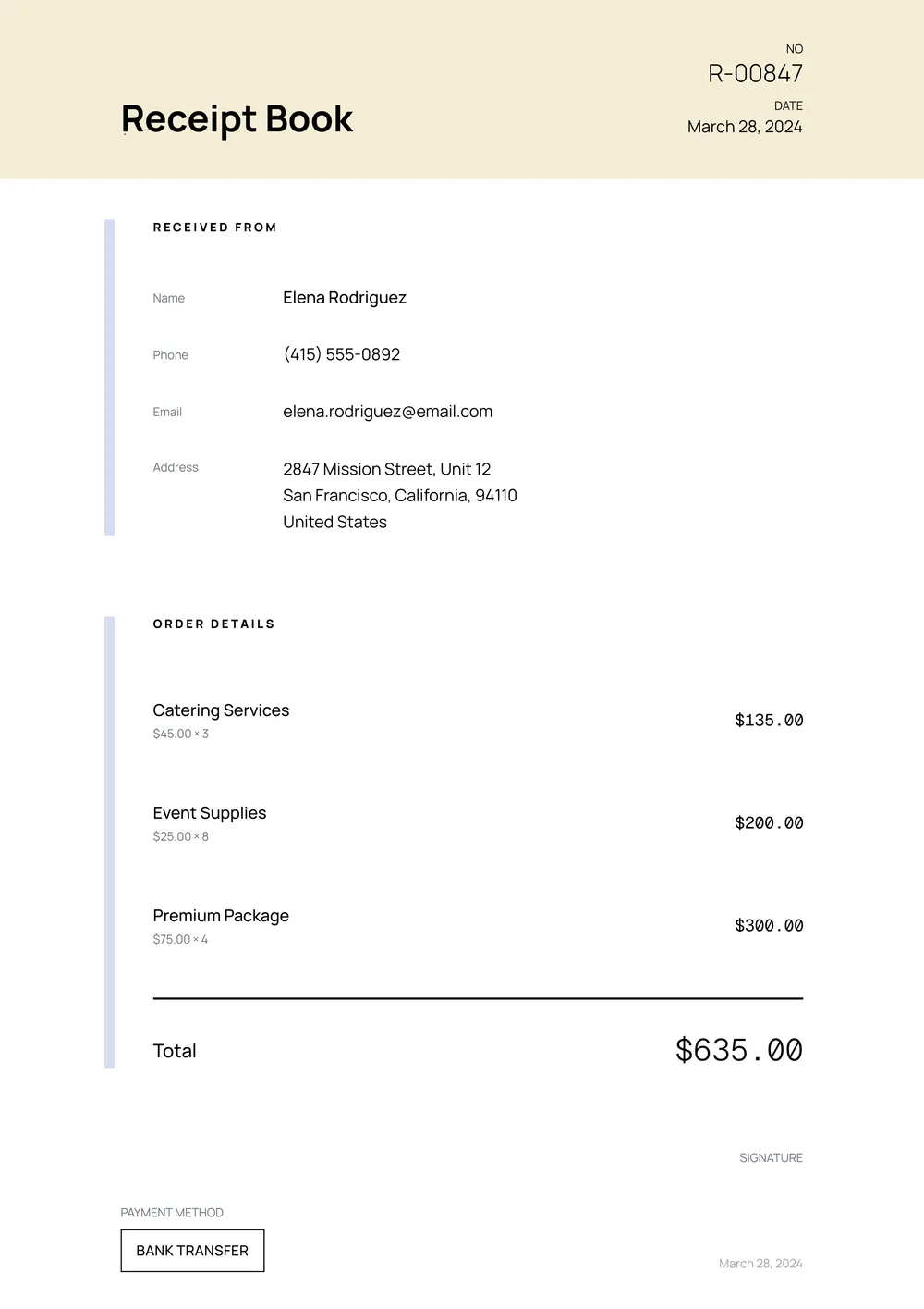 receipt book template