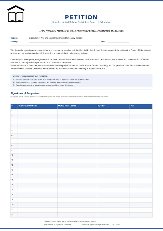 school arts program petition template