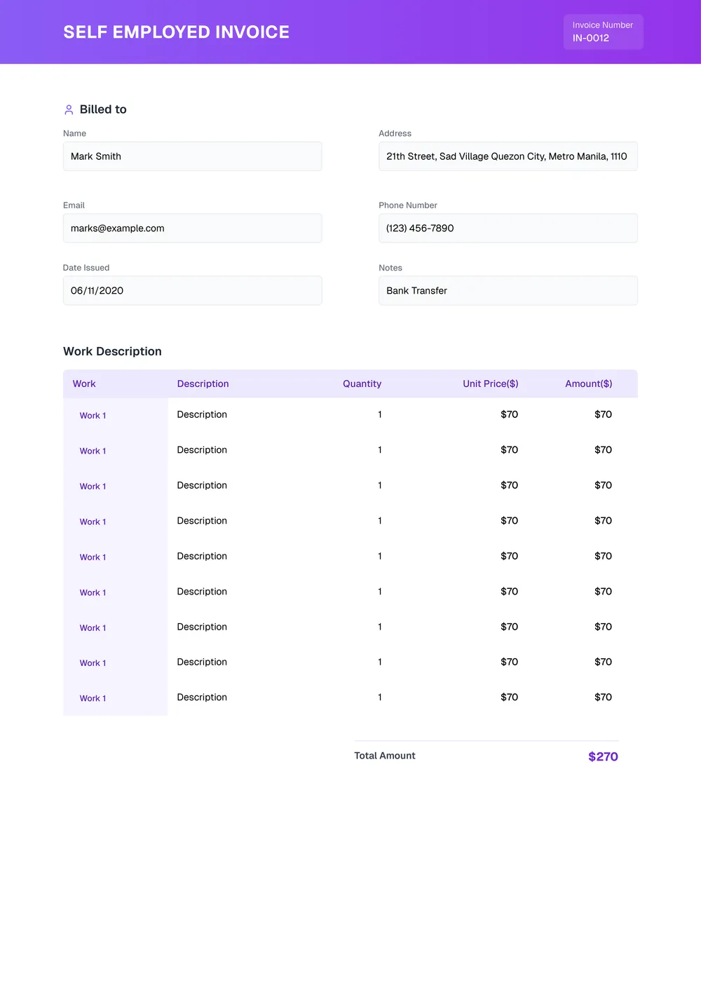 self employed invoice template