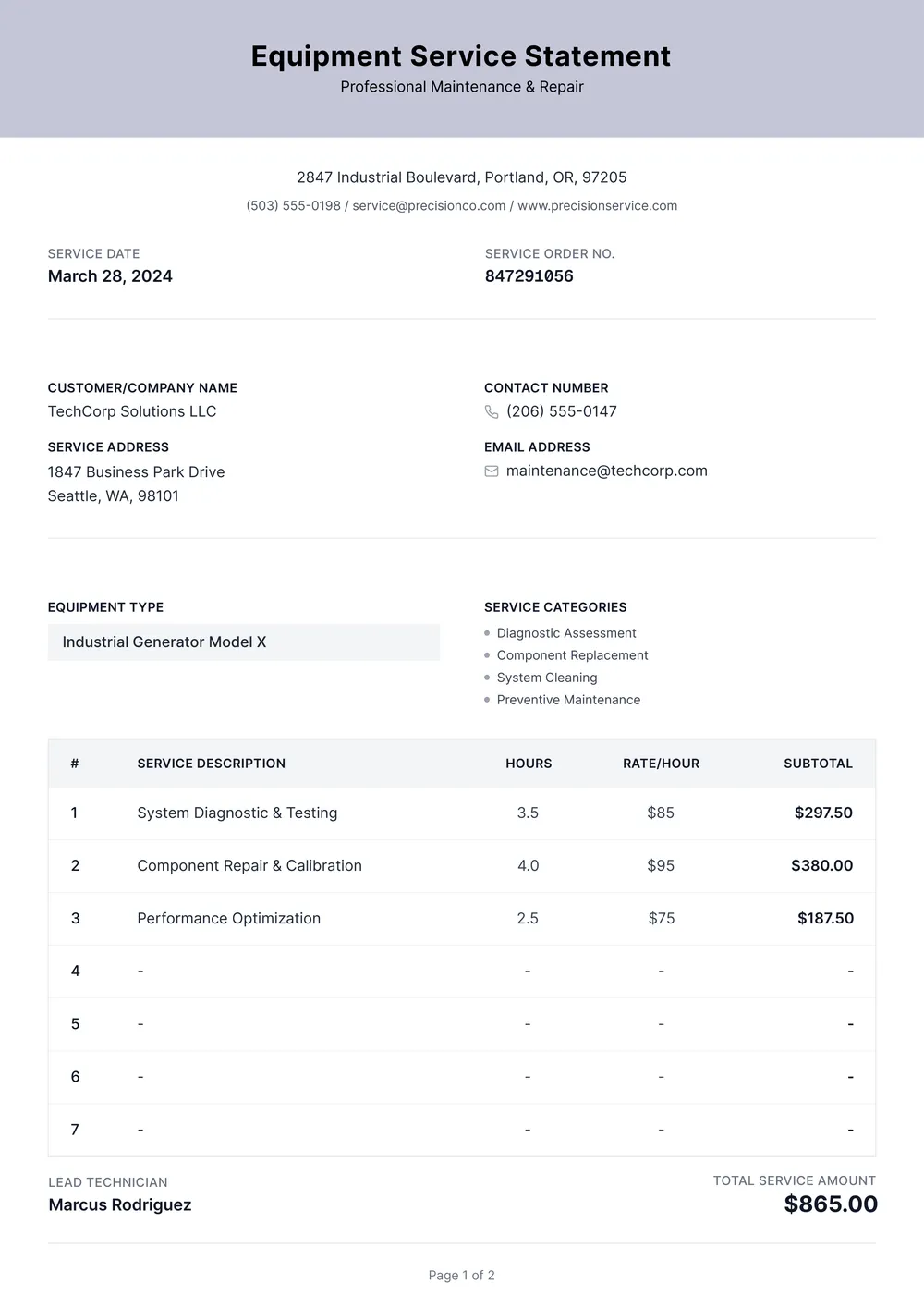 small engine repair invoice template