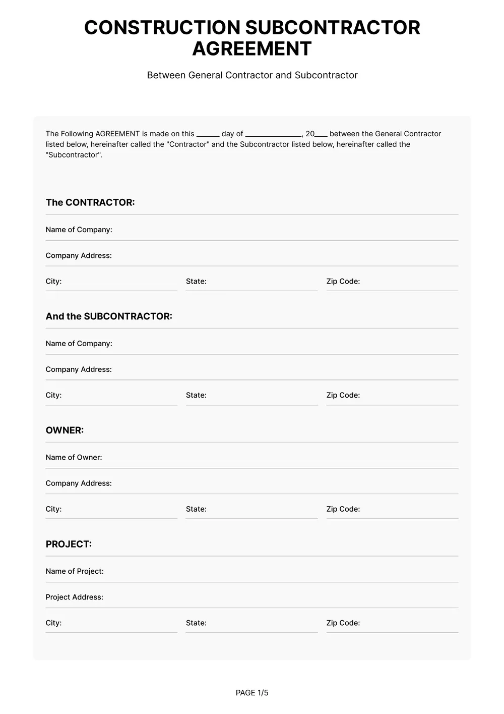 subcontractor agreement template