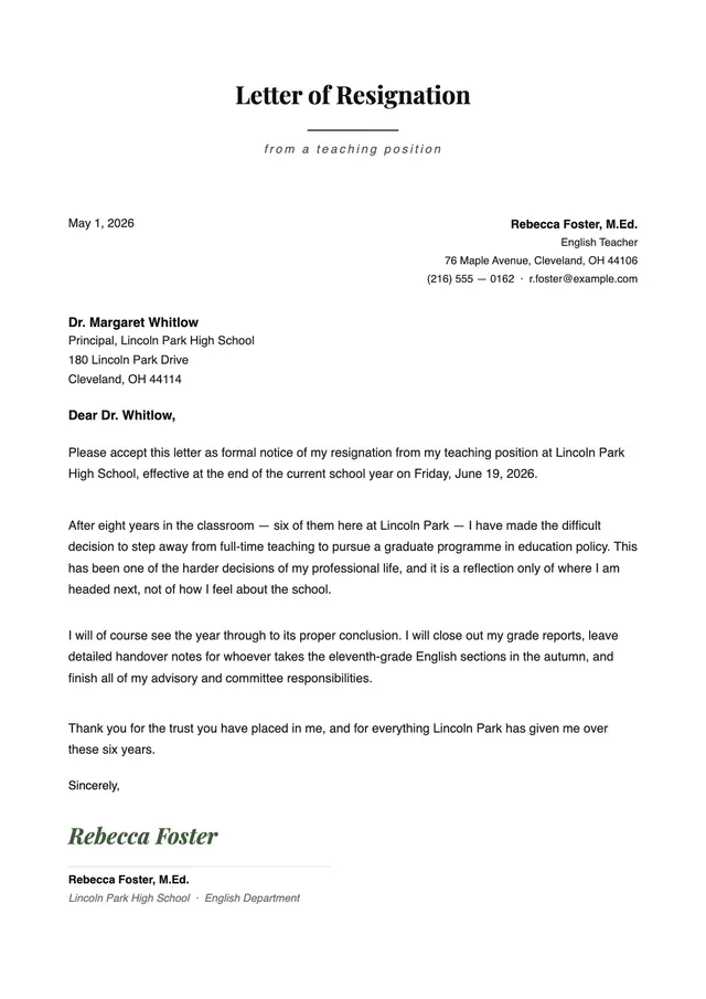 teacher resignation letter template