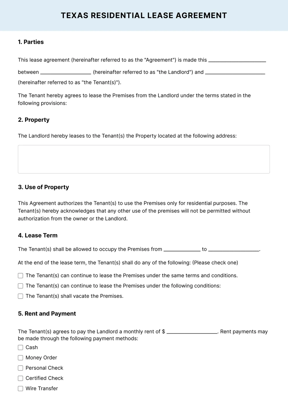 texas lease agreement template
