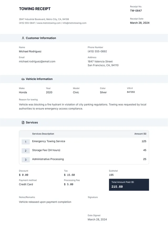 towing receipt template