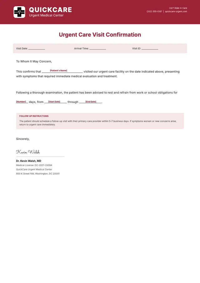 urgent care doctors note template