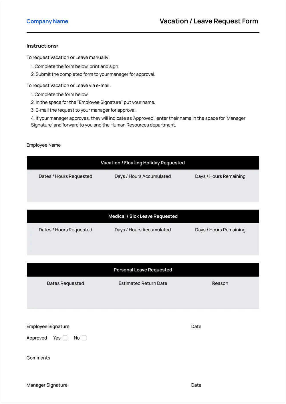 vacation request form template