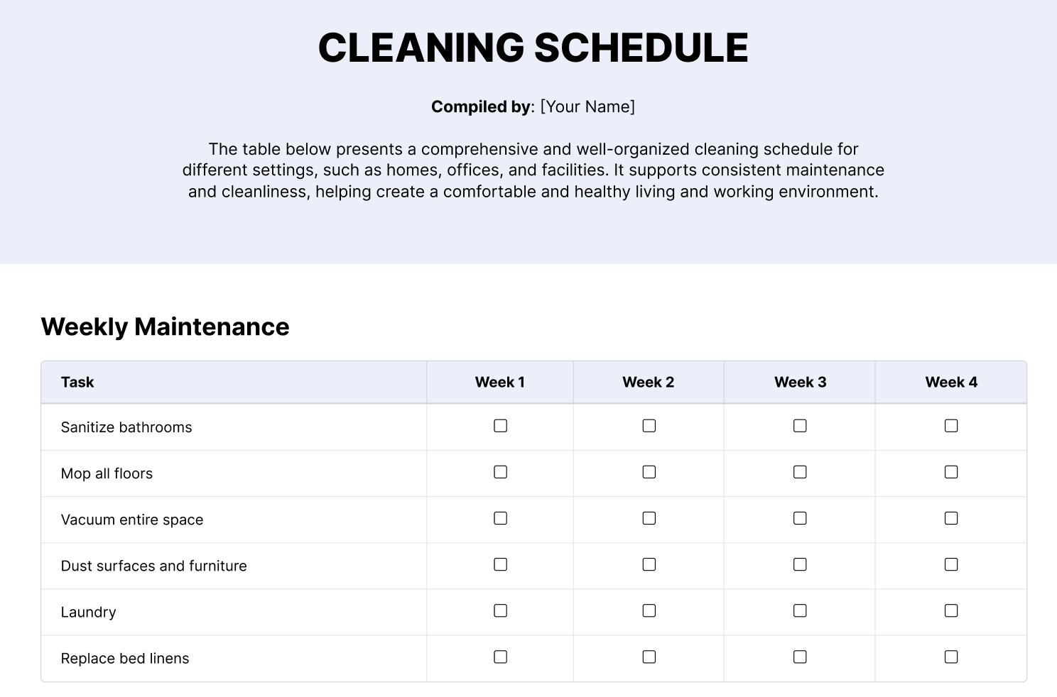 cleaning schedule