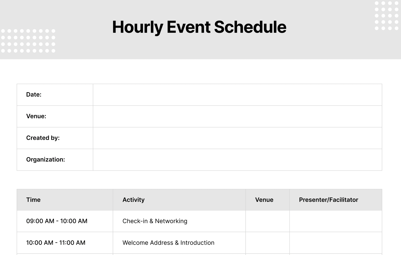 hourly schedule