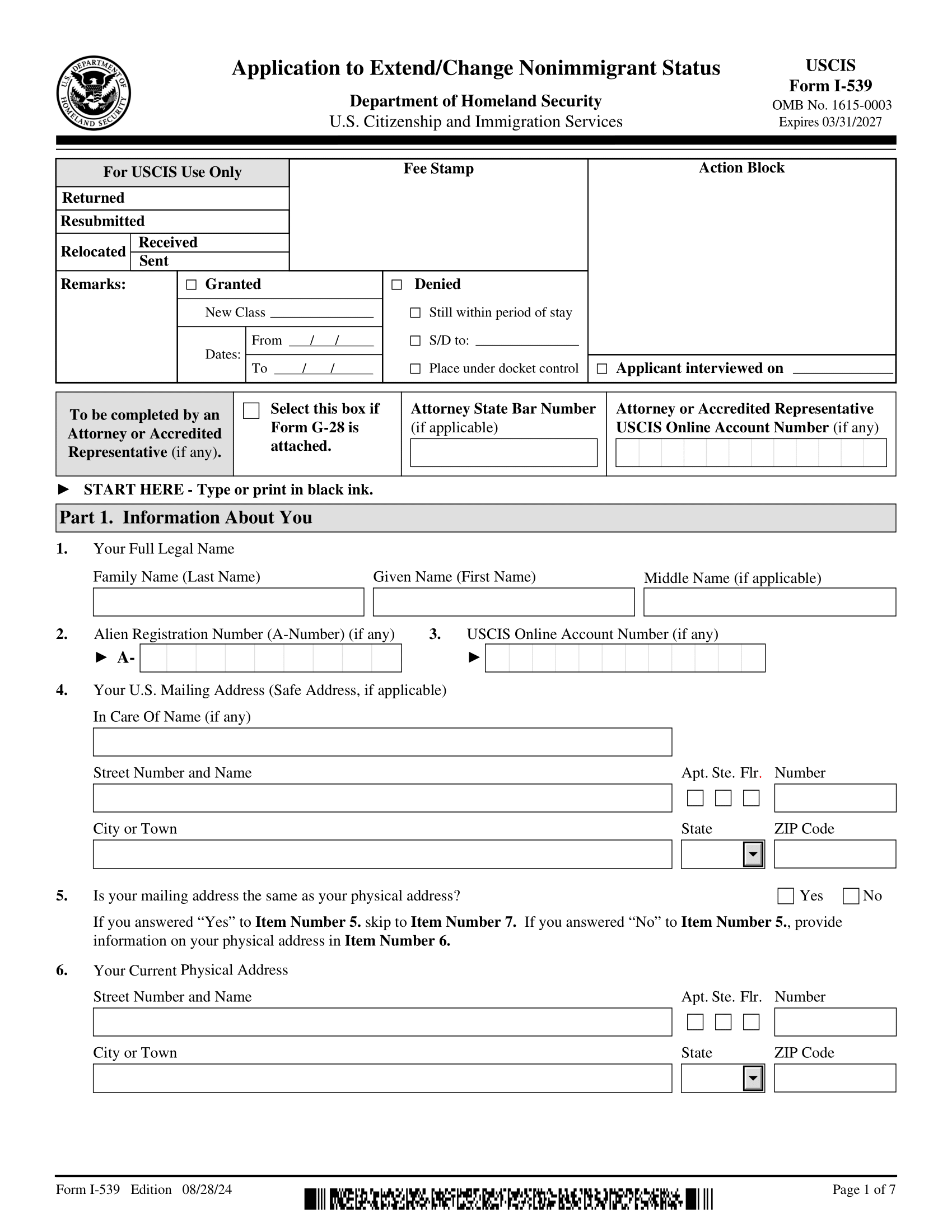 Form I-539, Application to Extend_Change Nonimmigrant Status