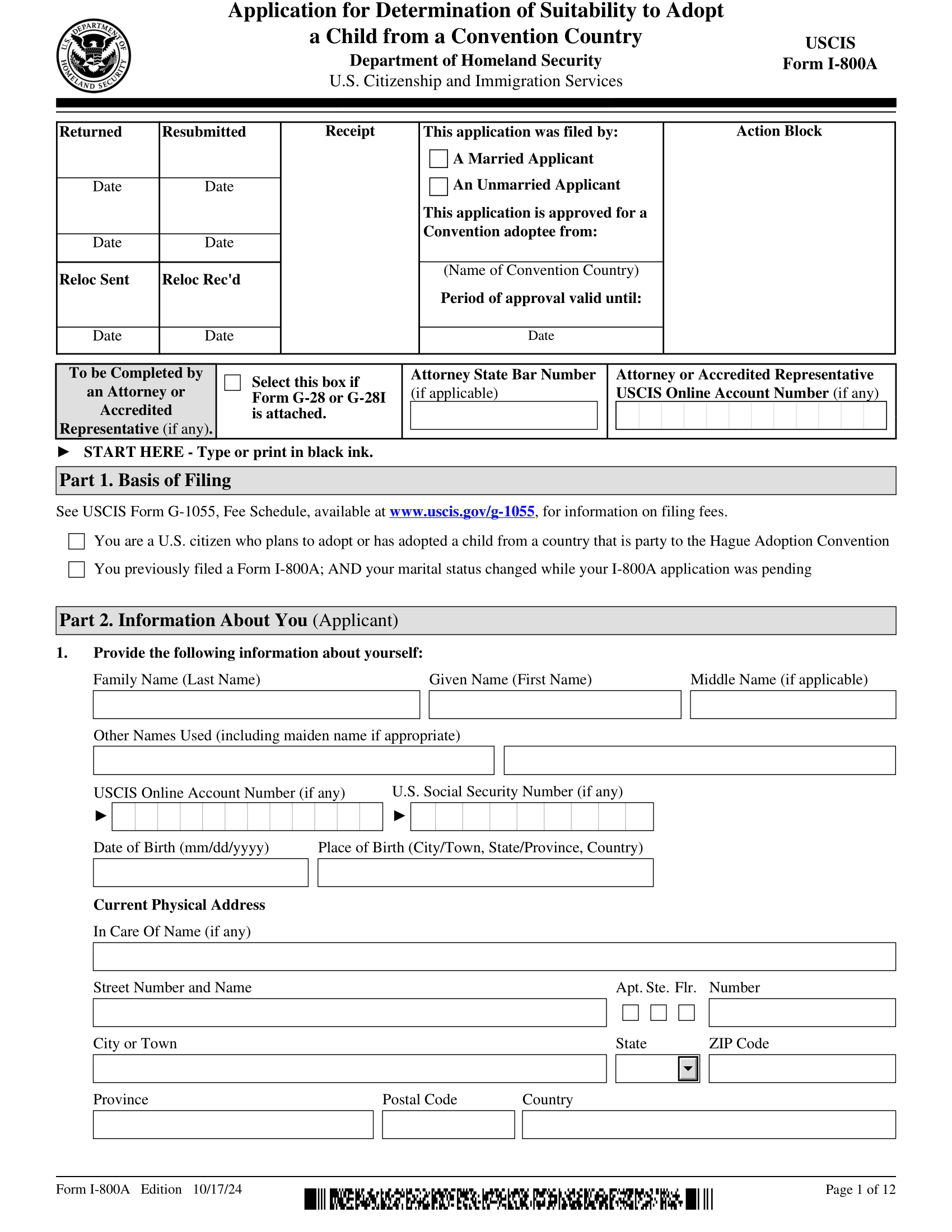 Form I-800A, Application for Determination of Suitability to Adopt a Child from a Convention Country