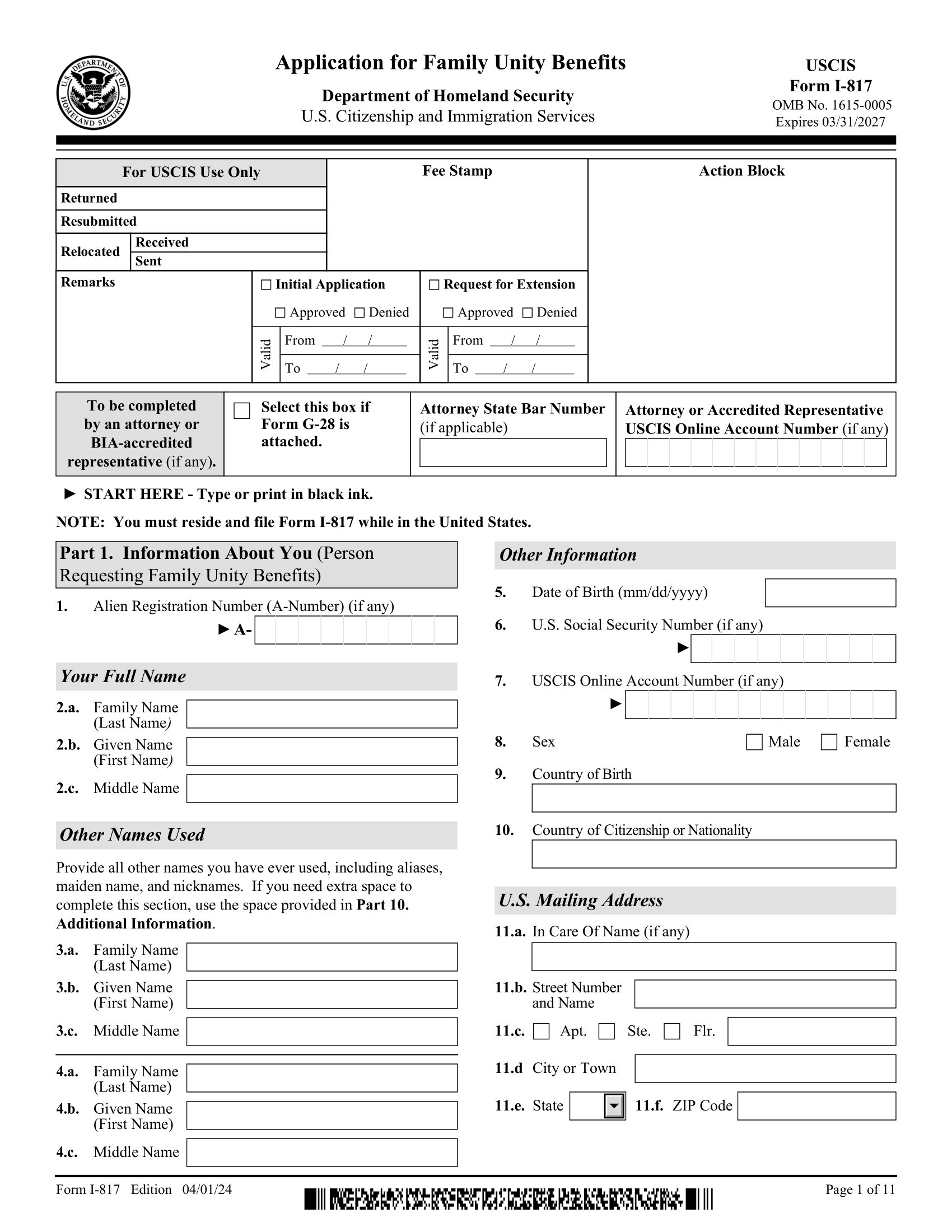 Form I-817, Application for Family Unity Benefits