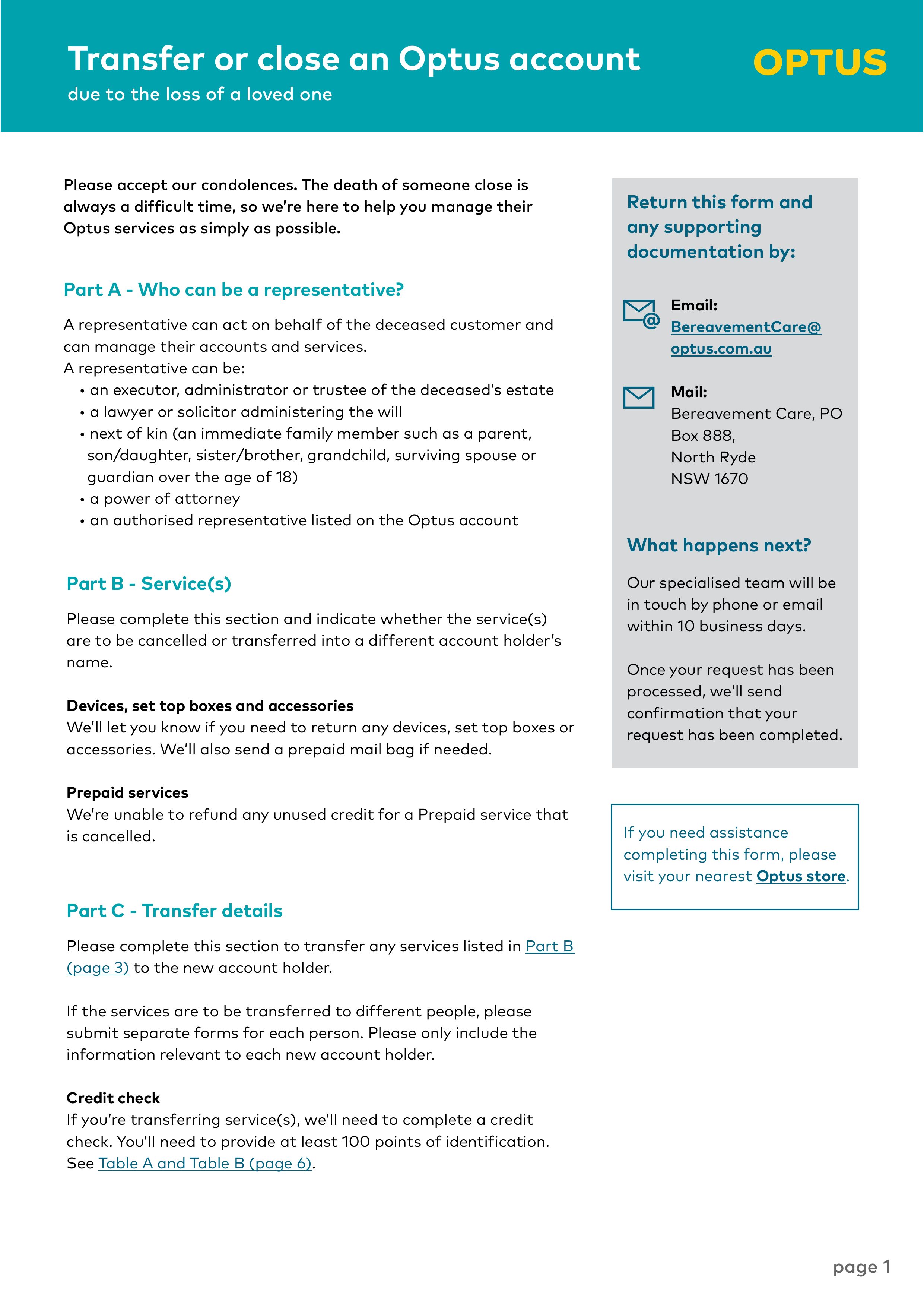 optus-bereavement form