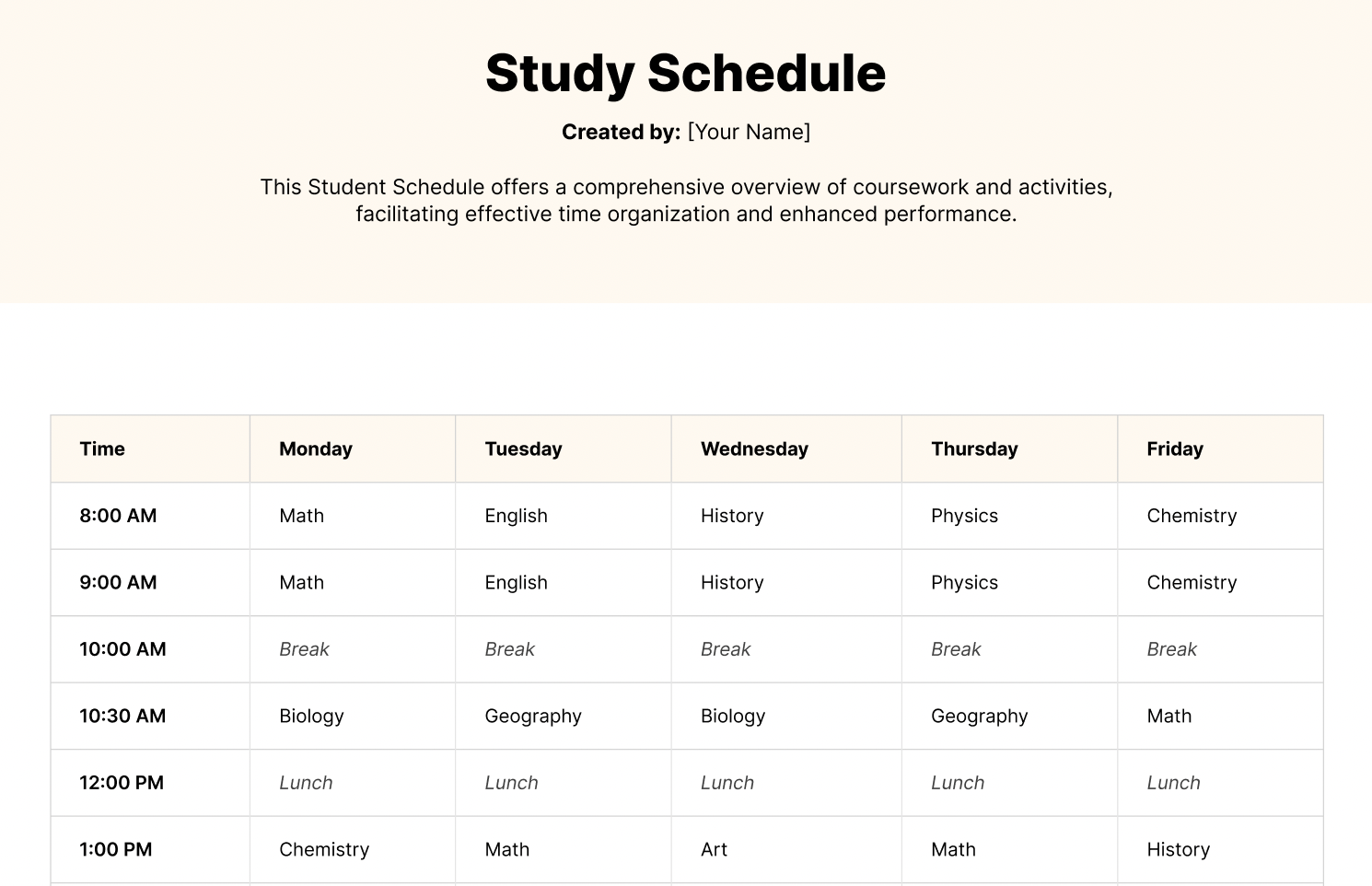 study schedule