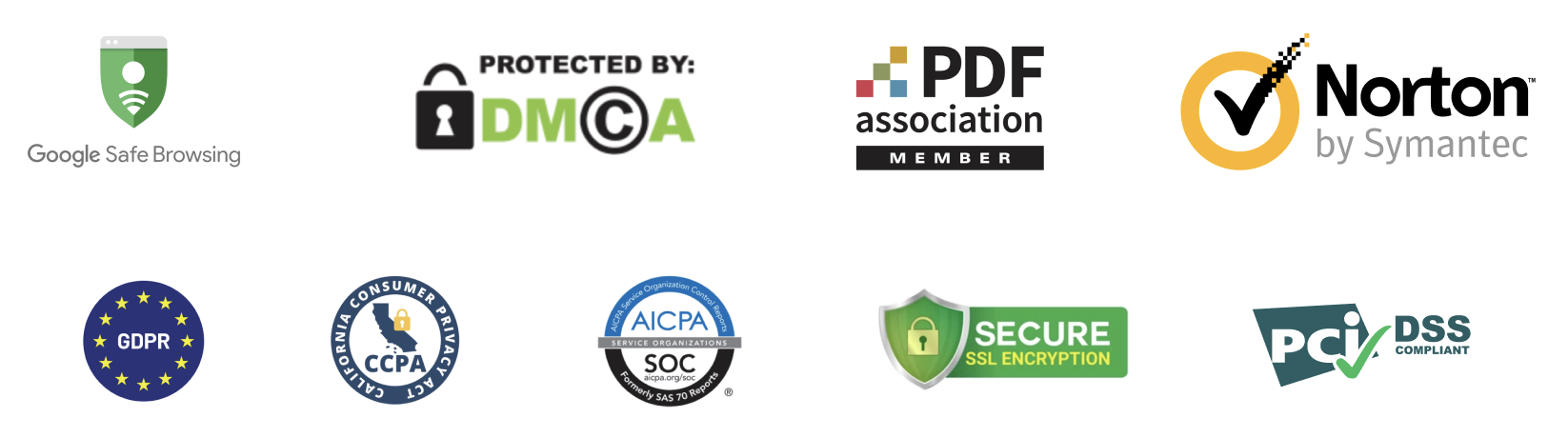 PDF Guru certified by dmca, google safe browsing, pdf association, norton, CCPA, ssl encryption, PCI, GDPR