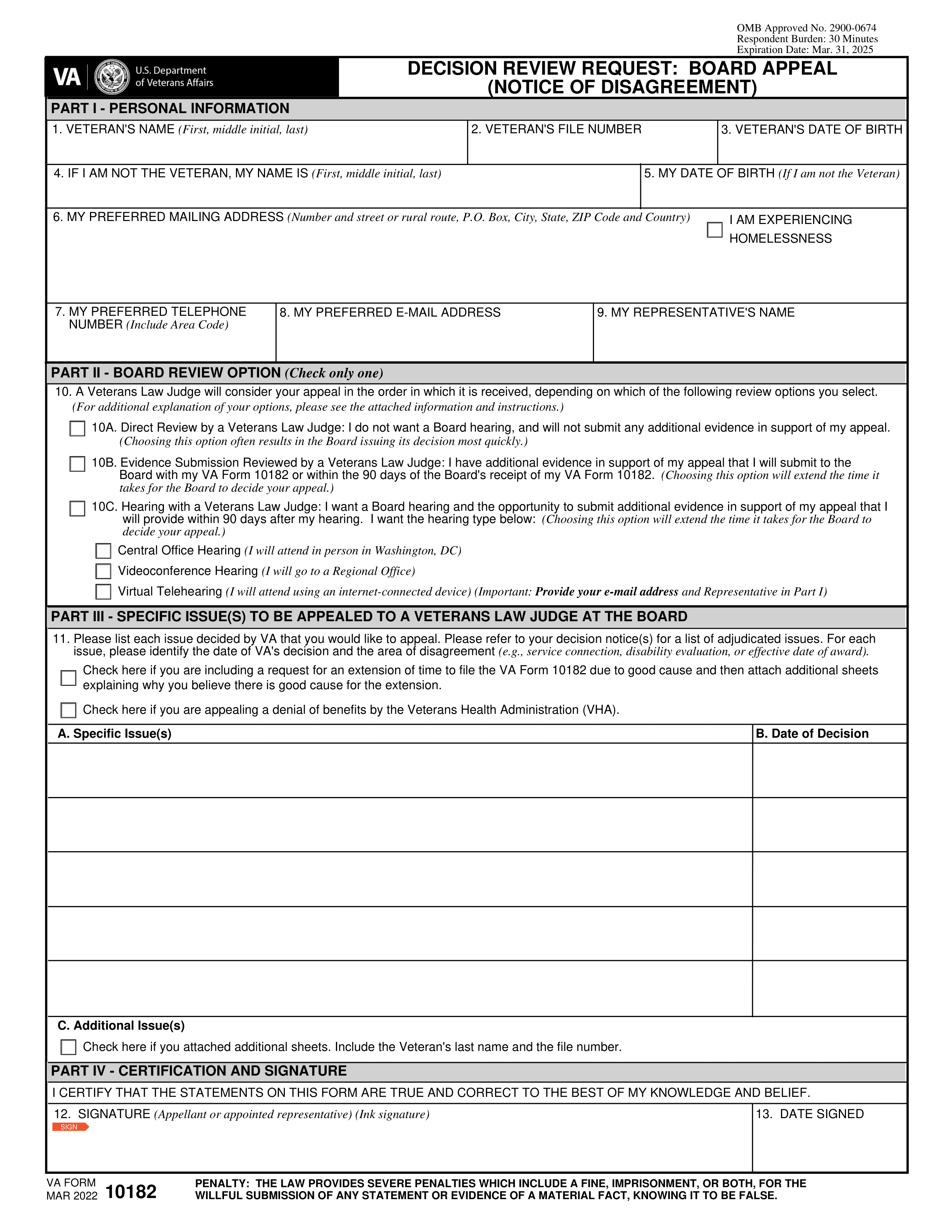 va-10182 form