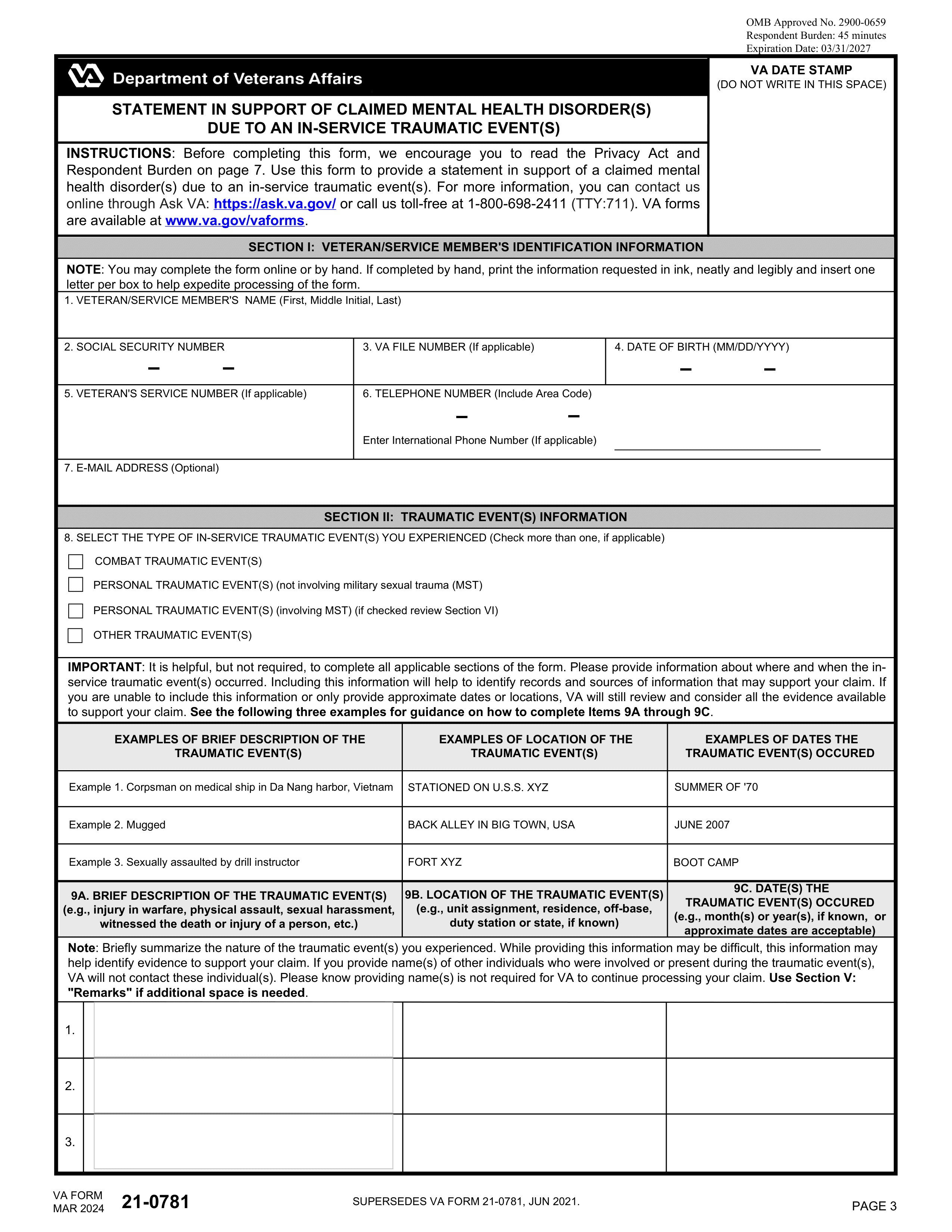 VA Form 21-0781 2023-2024 - Fill and Edit Online - PDF Guru