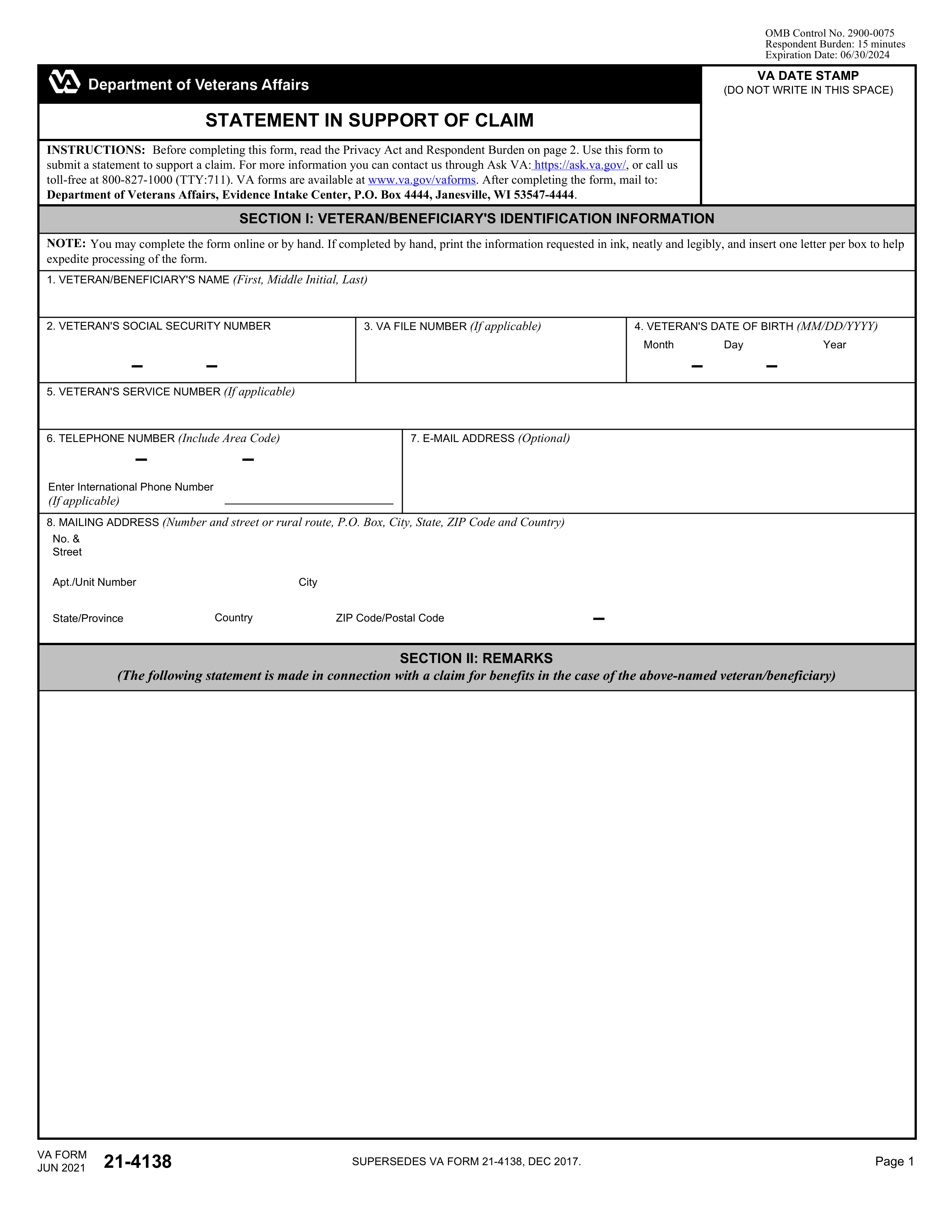 va-21-4138 form