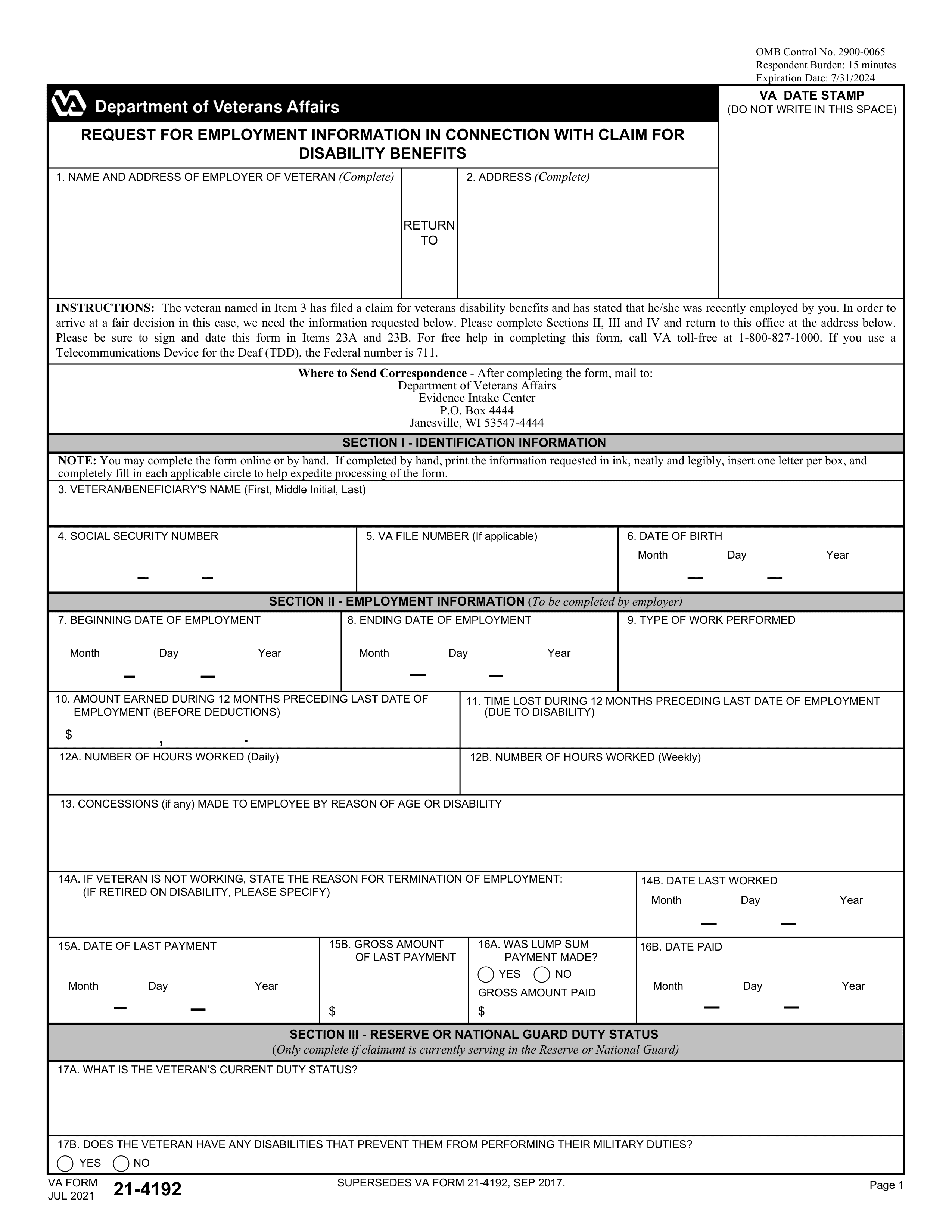 va-21-4192 form